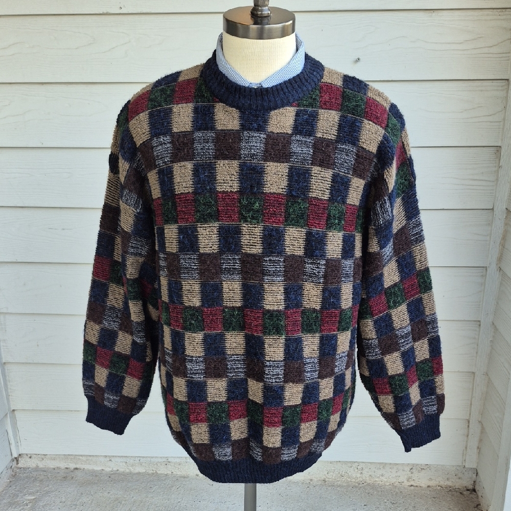 NORTH WINDS‎ Textured Brown Green Red Square Blend Mens XL Crewneck Sweater VTG
